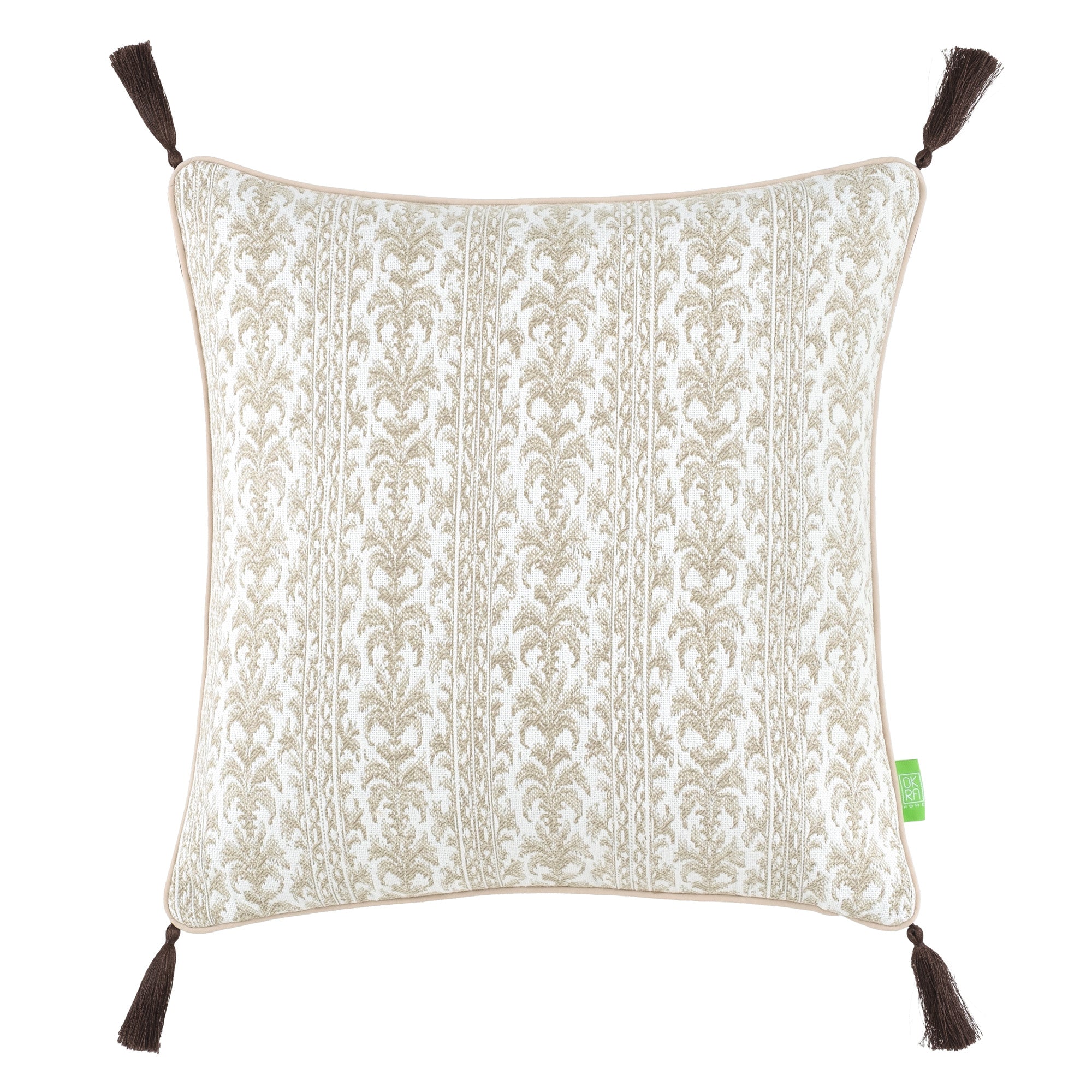 Damask Desenli Püsküllü Kırlent Kılıfı - Koyu Bej