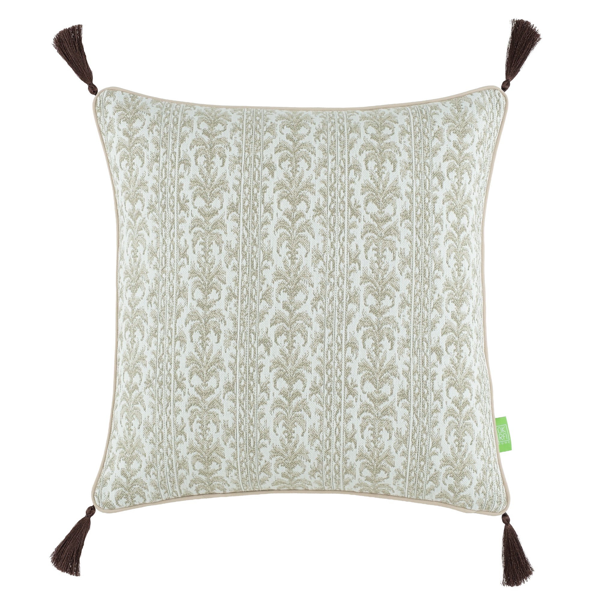 Damask Desenli Püsküllü Kırlent Kılıfı - Açık Kahverengi