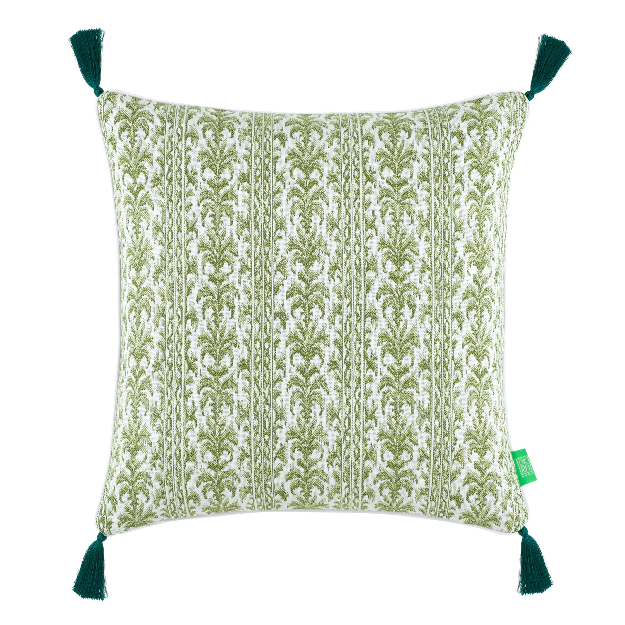 Damask Desenli Püsküllü Kırlent Kılıfı - Yeşil