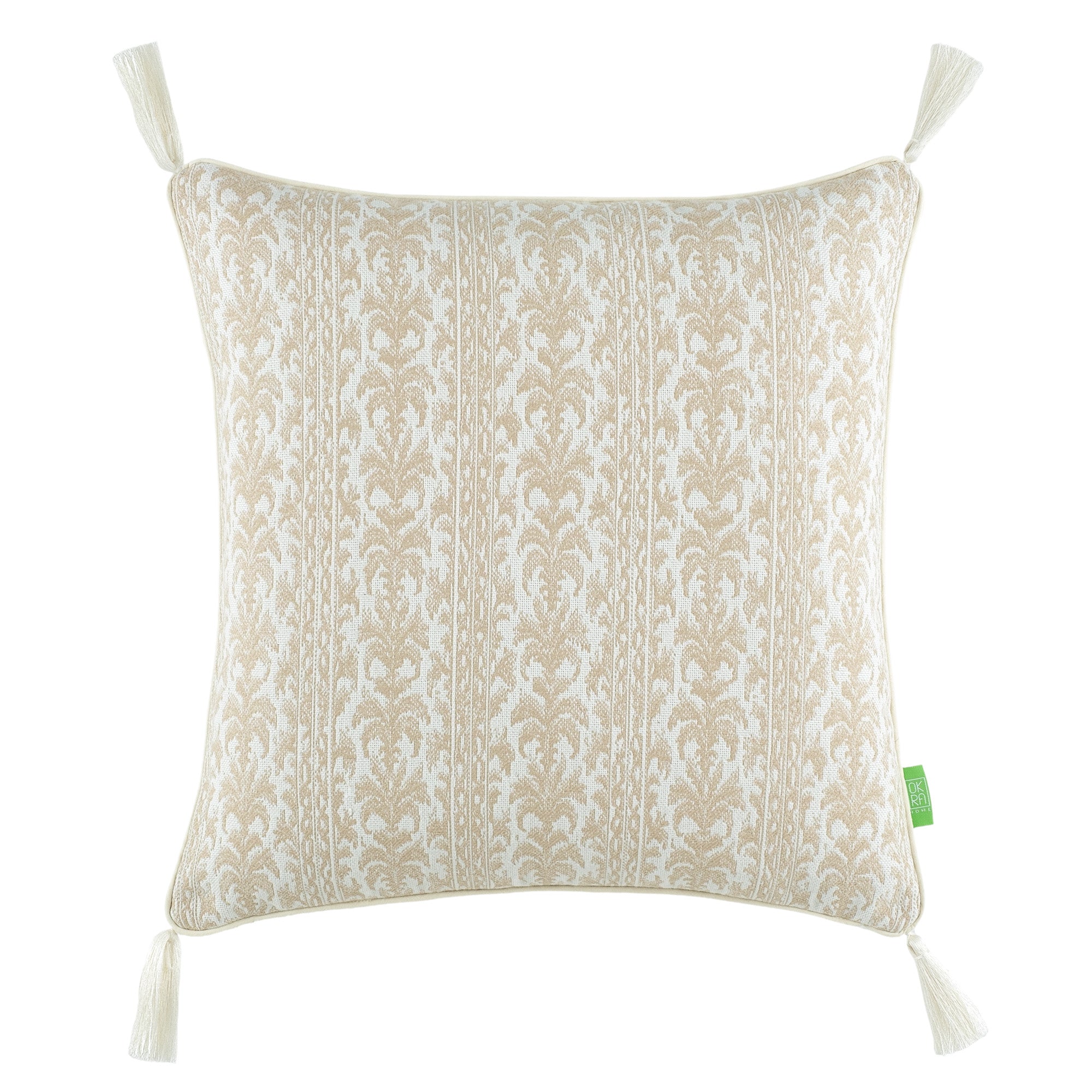 Damask Desenli Püsküllü Kırlent Kılıfı - Açık Bej